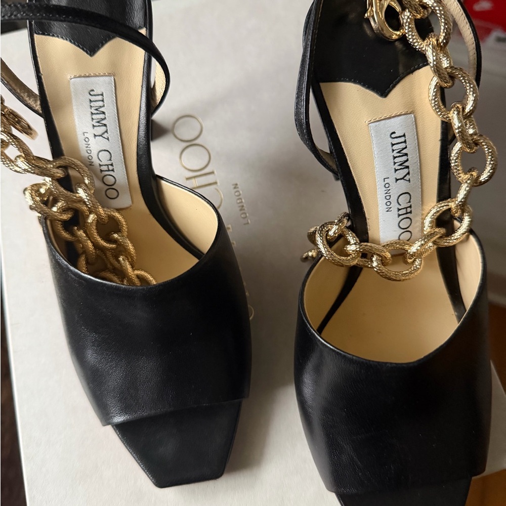 Jimmy Choo Black and Gold Chain Heels